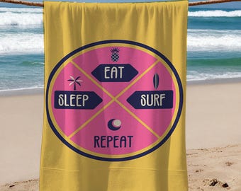 Custom Beach Towel, Eat Sleep Surf Repeat, Funny Cotton Towel Set