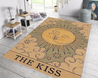 Celestial Sun Moon Rug, Tarot Card Area Rug, Vintage Mystical Floor Mat, Boho Aesthetic Carpet, Spiritual Witchy Bedroom Decor, Unique Gift