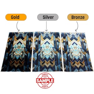 May include: Three decorative rugs with geometric patterns in gold, silver, and bronze color schemes. Each rug features a central floral design in shades of blue, teal, and white. The rugs are labeled with the colors gold, silver, and bronze.