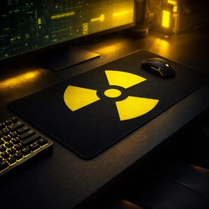 May include: Black rectangular mousepad with a yellow radiation symbol. A black wireless mouse sits on the pad. A keyboard and computer monitor are visible in the background. The mousepad is on a black desk.