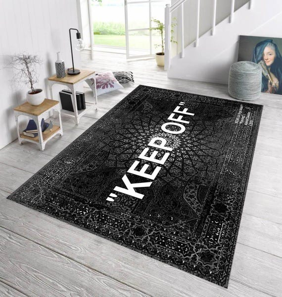 Modern Statement Rug, Black Graphic Text, Edgy Home Decor