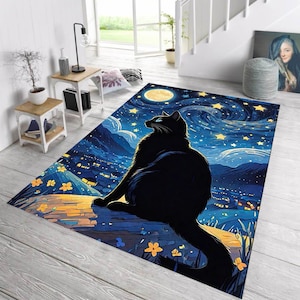 Starry Night Cat Rug, Starry Sky Art Area Rug, Black Cat in Meadow Mat, Celestial Moon Night Decor, Whimsical Star Pattern Rug, Artistic Rug