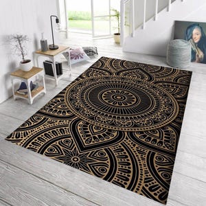 Mandala Rug, Bohemian Area Rug, Black and Gold Carpet, Zen Decor Rug, Yoga Mat Rug, Spiritual Room Decor, Ethnic Pattern Rug, Space Rug