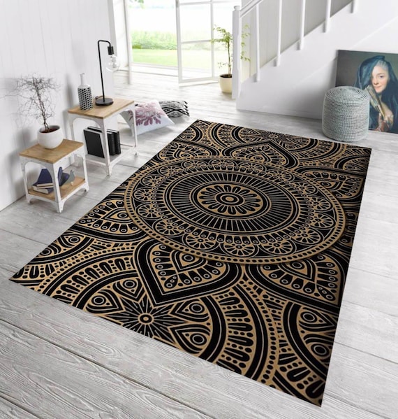 Black Gold Mandala Rug, Boho Area Rug, Ornamental Floor Mat, Luxury Living Room Carpet, Geometric Round Medallion Rug, Printed Home Decor