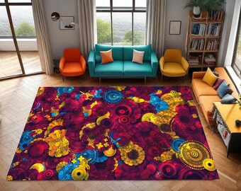 Colorful Abstract Area Rug, Psychedelic Floral Bohemian Carpet, Maximalist Vibrant Living Room Decor, Unique Geometric Area Rug For Bedroom
