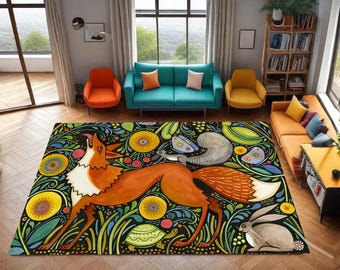 Animal Print Rug: Fox, Rabbit, Squirrel, Turtle, Colorful Flowers