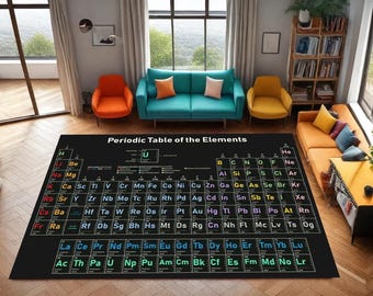 May include: A black rectangular rug featuring the periodic table of elements, with colorful squares and text. The rug is in a living room setting with a teal sofa, orange and yellow chairs, and a wooden floor.
