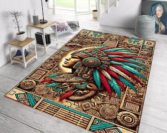 Dywan z motywem wojownika azteckiego, dywan z motywem plemienia Majów, mata podłogowa z motywem starożytnych cywilizacji, wystrój salonu w stylu boho, dywan z motywem wodza rdzennych mieszkańców, zmywalny wystrój domu
