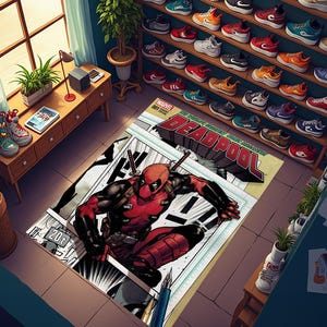Peut inclure: Un tapis de style bande dessinée représentant Deadpool, un personnage de super-héros, dans un costume rouge et noir. Le tapis est imprimé sur un fond blanc avec des lignes noires, ce qui lui donne un aspect de bande dessinée. Le tapis est parfait pour ajouter une touche de couleur et de fun à n'importe quelle pièce.