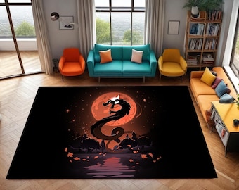 May include: Black and red rug with a silhouette of a dragon in front of a red moon. The dragon is facing the left side of the rug. The rug is on a wooden floor in a living room setting.