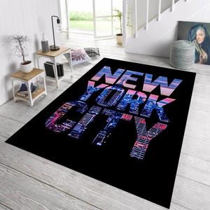 NYC Skyline Rug: Urban Night Lights Design, Modern City Decor