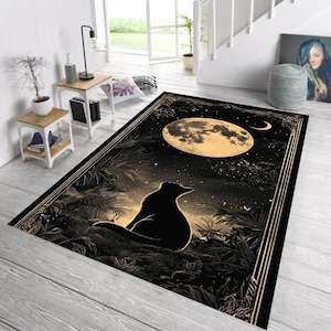 Moonlight Cat Rug, Mystical Forest Night Carpet, Black Animal Silhouette Mat, Celestial Moon Rug, Fantasy Nature Decor, Witchy Aesthetic
