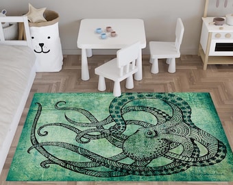 Octopus Rug, Sea Creature Decor, Kids Nursery Rug, Washable