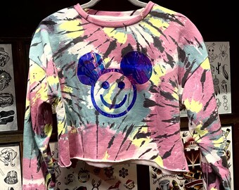 Happy Mouse on Upcycled Tie Dye Cropped Sweatshirt