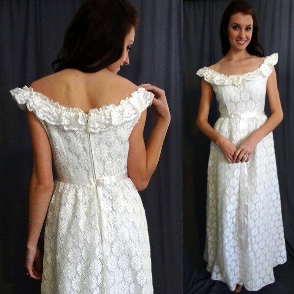 Lori Deb 60s Empire Waist White Daisy Lace Vintage Wedding Dress - Hippie, Boho, Bohemian