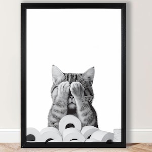 Decoración divertida para el baño: gato que se esconde detrás de un rollo de papel higiénico: arte imprimible con descarga digital para amantes de los animales