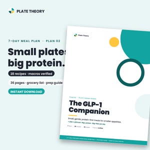 Puede incluir: Un documento de plan de comidas digital titulado The GLP-1 Companion de Plate Theory. La portada blanca presenta círculos verde azulado y amarillos, texto negro en negrita y detalles que incluyen 28 recetas, 36 páginas, 1050-1200 kcal, 95g de proteína.