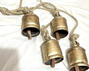 Christmas Cow Bells: Rustic Brass Hanging Bell Set on Rope
