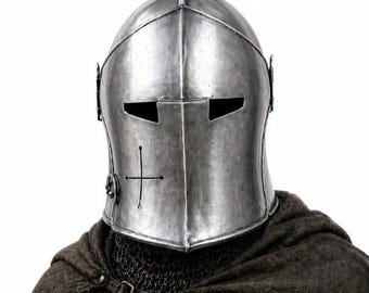 Medieval Steel Barbute Visor Helmet: Knight Replica