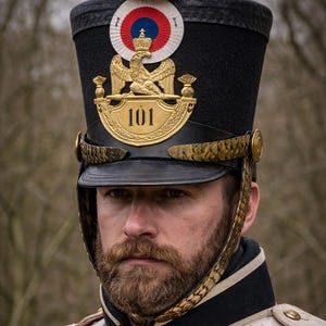 Puede incluir: Un sombrero militar negro con un pompón rojo, un emblema de águila dorada y el número 101. El sombrero forma parte de un uniforme rojo con correas blancas y detalles dorados. La persona tiene barba.