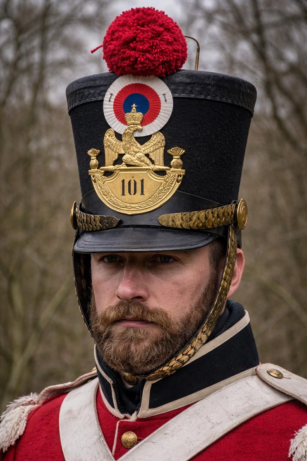 Napoleonic French Leather Hat: Red Pompom Military Helmet