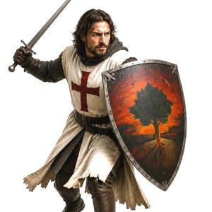 May include: A medieval knight in a white tunic with a red cross, chainmail, and leather boots, holding a sword and shield. The shield features a tree design against a fiery background. The knight is posed in a dynamic stance.
