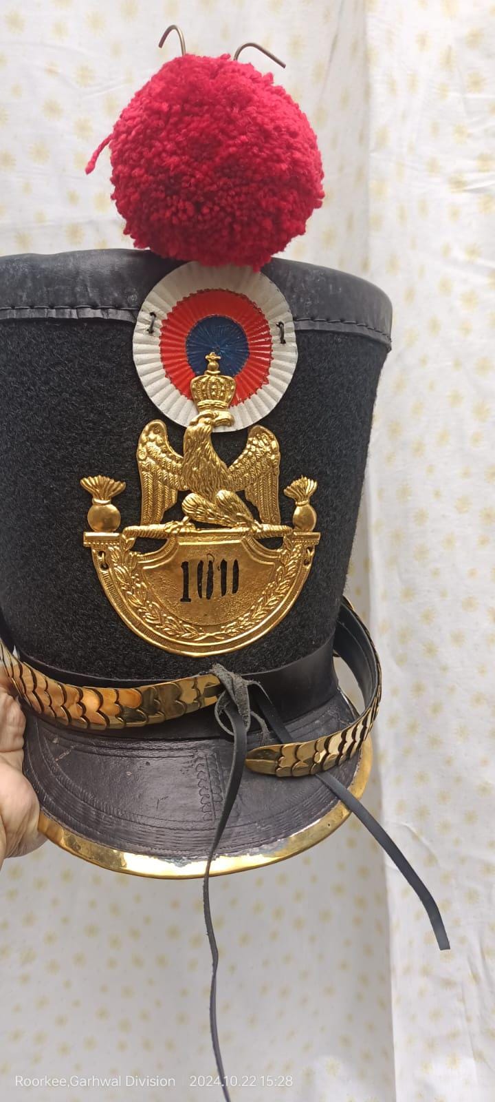 Napoleonic French Leather Hat: Red Pompom Military Helmet