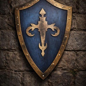 May include: A medieval-style shield with a blue center and a gold-colored cross design. The shield has a gold border with rivets and is set against a textured stone wall background.
