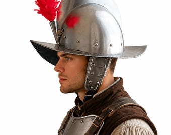 Spanish Morion Helmet: Steel Battle Helmet with Red Plume | Historical replica cosplay head-piece |