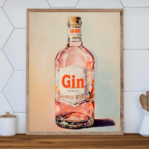 Gin Poster Print, Botanical Gin Wall Art, Vintage Liquor Kitchen Decor, Bar Cart Art, Liquor Bottle Artwork, Gift for Her, Gift for Him