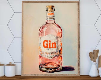Gin Poster Print, Botanical Gin Wall Art, Vintage Liquor Kitchen Decor, Bar Cart Art, Liquor Bottle Artwork, Gift for Her, Gift for Him