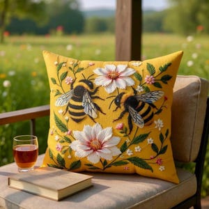 Gouden bijenkussen, vintage bloemenaccentkussen, Cottagecore gouden bloemenbij sierkussen, cadeau voor haar, boho seizoensgebonden rustiek huisaccent