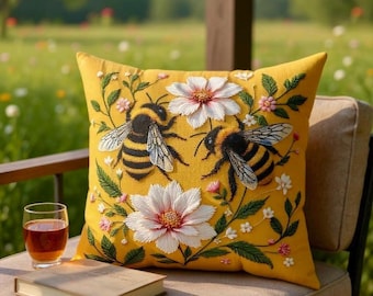 Gold Bee Pillow, Vintage Floral Accent Cushion, Cottagecore Golden Floral Bee Throw Pillow, Mother’s Day Gift, Boho Nature Home Accent