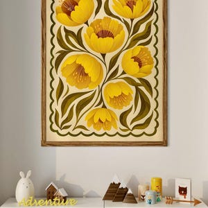 Lámina artística de peonía de verano, decoración de pared con flores amarillas de estilo cottagecore, póster botánico dibujado a mano, arte floral colorido para dormitorio, guardería y baño.
