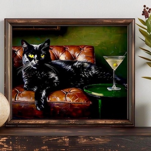 黒猫のマティーニアートプリント、キュートで風変わりなカクテルアート、バーカートの装飾、ファインアートプリントギフト、デジタルダウンロード