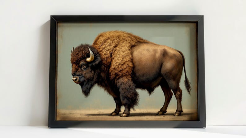 Framed American Bison Art Print, Rustic Wildlife Vintage Buffalo Print ...