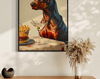 Martini Wall Art, Doberman with Martini, Hamburger and Fries, Canvas Print, Kitchen Decor, Dog Lover Gift, Bar Decor, Cocktail Art