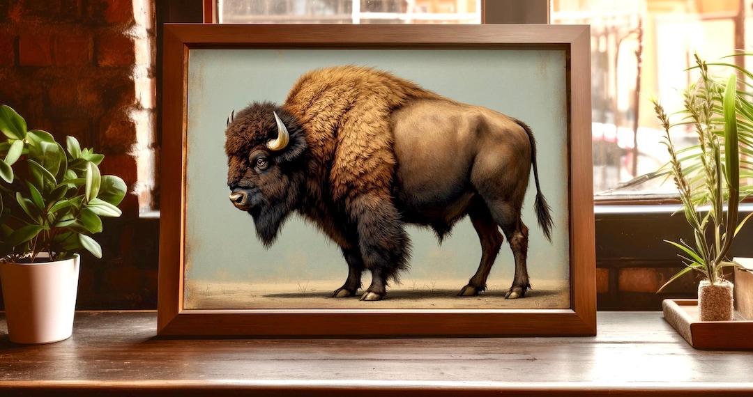 Framed American Bison Art Print, Rustic Wildlife Vintage Buffalo Print ...