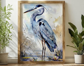 Blue Heron Marsh Fine Art Print, Low Country Grandmillenial Wall Decor, Coastal Grandmother Marsh Heron, Elegant Bird Oil Style Poster