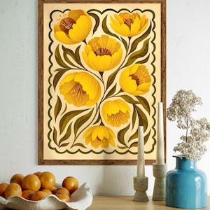 Impression d'art pivoine d'été, décoration murale cottagecore floral jaune, affiche botanique dessinée à la main, art floral coloré pour chambre à coucher et salle de bain