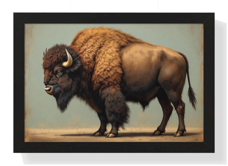 Framed American Bison Art Print, Rustic Wildlife Vintage Buffalo Print ...