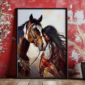 Toile encadrée femme amérindienne et cheval, art mural western, déco cowboy rustique, décoration bohème, cadeau pour les amateurs de chevaux, chevaux