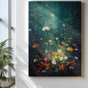 Wildflower Field Wall Art, Vintage Botanical Landscape Sign, Floral Decor, Modern Farmhouse Canvas Art, Moody Field Of Flowers Canvas Print