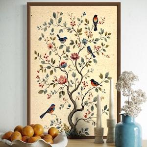 Tree of Life Framed Canvas Print, Floral Tree and Birds on Branch, Boho Style Wall Art Decor, Minimalist Botanical Canvas Art, Ready to Hang