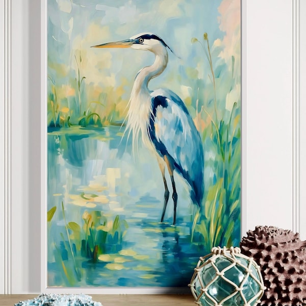 Garza azul grande en lienzo enmarcado, decoración de pared estilo "Grandmillennial" de Low Country, garza de pantano abuela costera, elegante pintura al óleo de aves