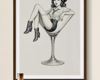 Cowgirl Bar Poster, Cowgirl in a Martini Glass Wall Art, Vintage Western Pin-Up Poster, Cowboy Bar Decor, Black & White Western Art Print