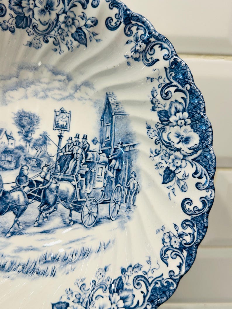 Vintage Johnson Brothers Coaching Scenes Blue Transferware Serving Bowl | English Ironstone Bowl | Staffordshire Country House Decor image 10