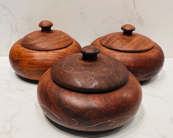 Trio Vintage Dark Wood With Brass Inlay Decorative Lidded Round Trinket Boxes