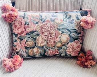 Vintage Floral Needlepoint Cushion Cover | French Country Tapestry Pillow | Cottagecore Decor | Victorian Style Throw Cushion with Tassels