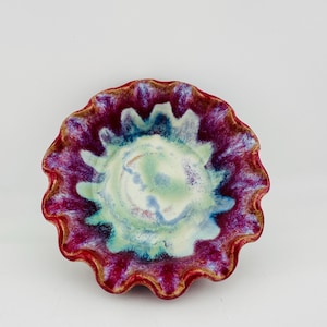 Canterbury Pottery HV Studio Pottery Bowl | Signed Colourful Drip Glaze Ceramic | Wavy Edge Artisan Bowl | British Pottery